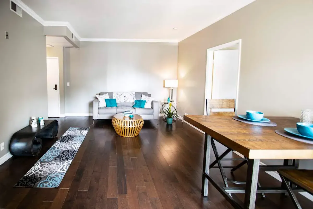 Living and dining area with hardwood floors